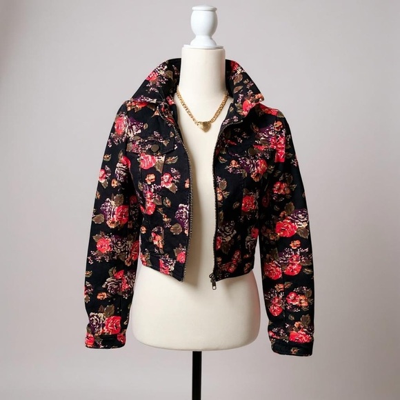 Jean jacket 100% cotton Floral Print Black Small - Picture 10 of 10
